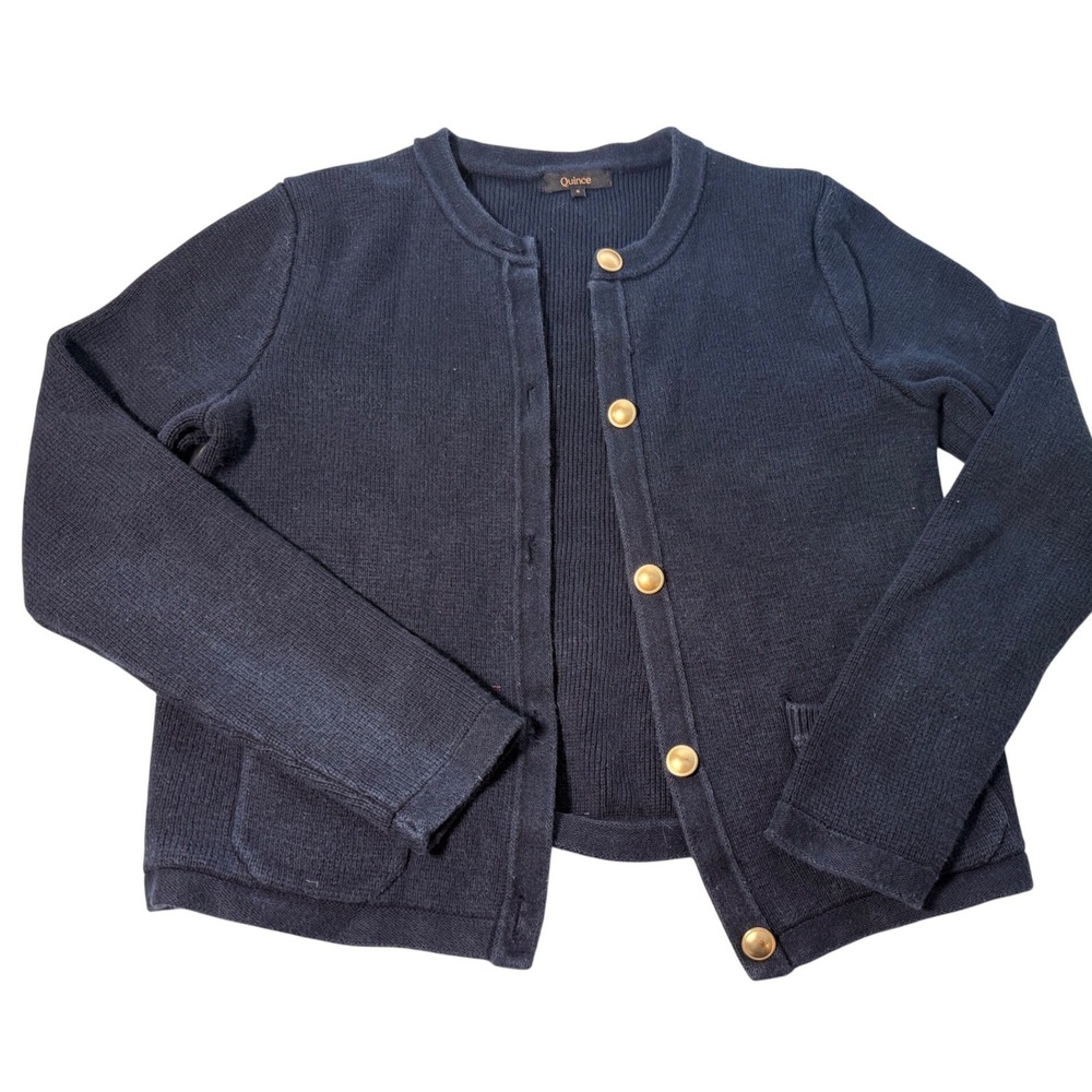Quince Organic Cotton Sweater Jacket Navy Blue Gold Button Cardigan Small
